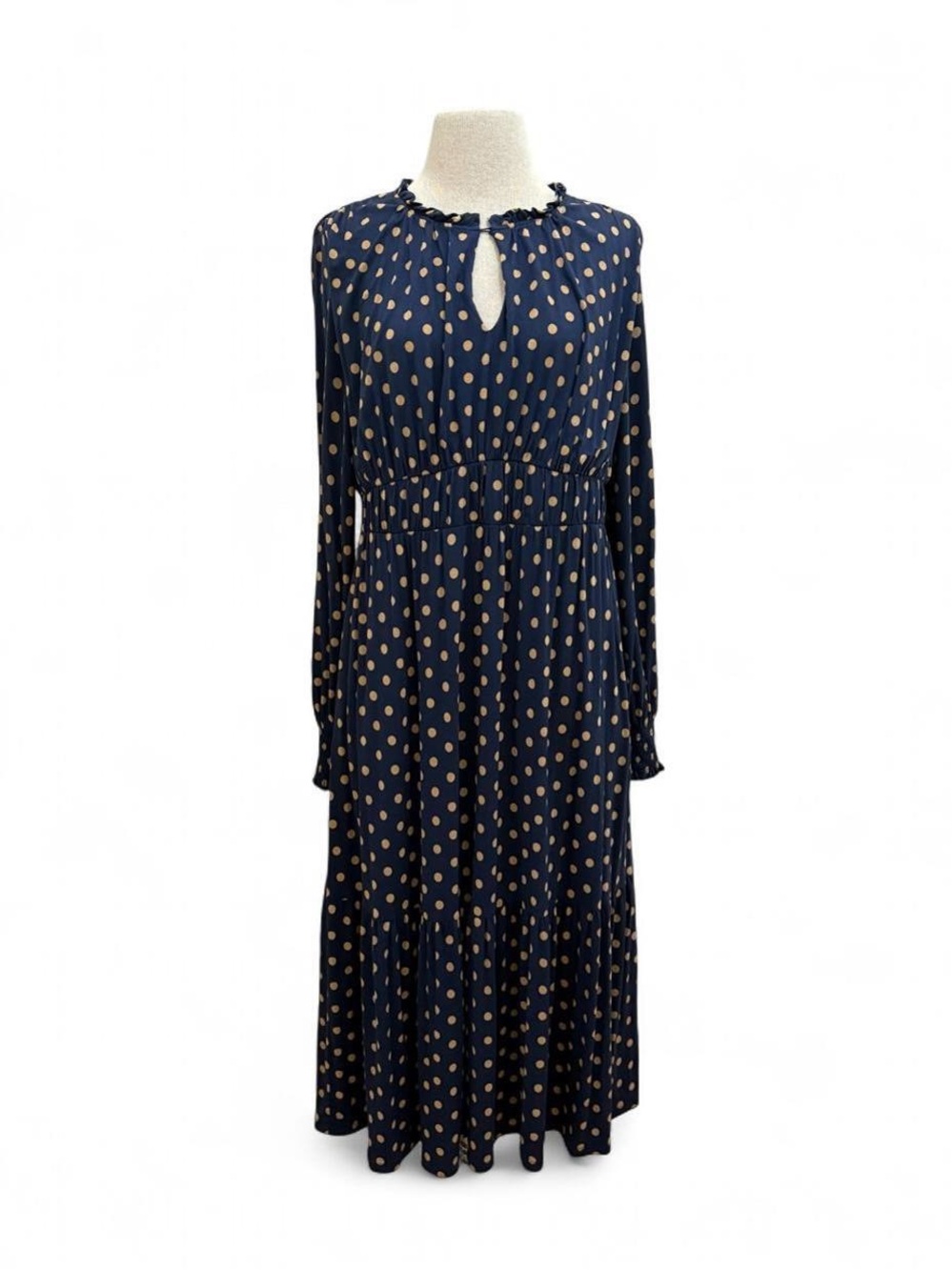 BODEN Rosanna Long Sleeve Ruched Tea Dress French Navy Spot Polka Dots Medium 10